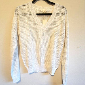 Mystree Womens Sweater Long Sleeve Open Weave Knit  V neck Natural Small
